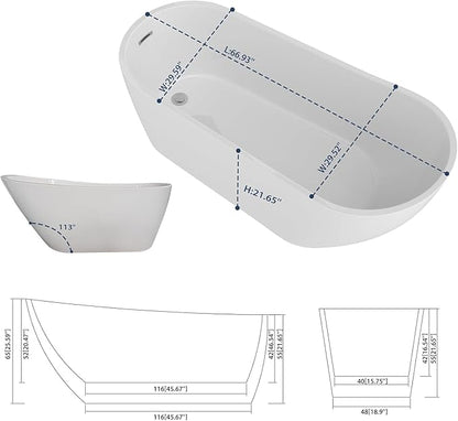 Sarlai 67 Inch Acrylic Freestanding Soaking Bathtub Contemporary Soaking White Tub Stand Alone Ergonomic Bathtub with Chrome Drain and Overflow