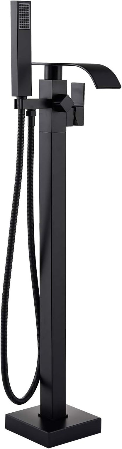 Senlesen Matte Black Free Standing Tub Faucet Floor Mounted Tub Filler Faucet Brass Bathroom Tub Faucets with Hand Shower