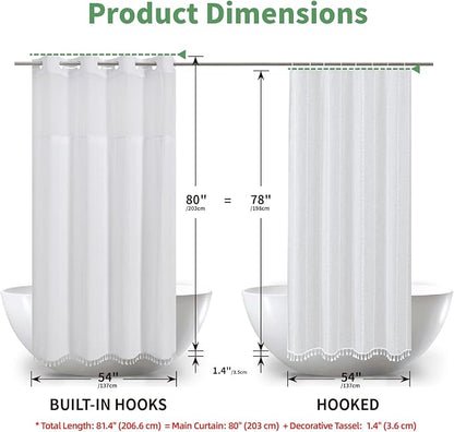 No Hook Long Shower Curtain Set with Snap-in Fabric Liner,Linen Ultra Thick Fabric with Tassels,Boho Chic Modern Farmhouse Country Neutral Cloth Shower Curtains for Bathroom,White,71x80