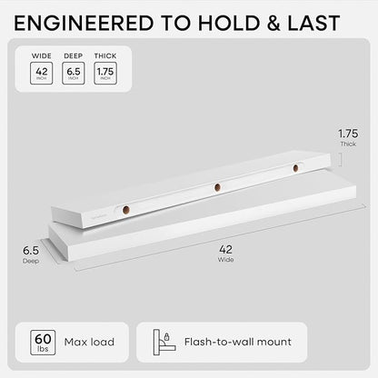 Homeforia White Floating Shelves 42 inch, High End Solid Real Wood 42inch Floating Shelf for Wall Mounted, White Wooden 42in Long Floating Shelves, Heavy Duty Bracket, 42 X 6.5 X 1.75 inches, Set of 3
