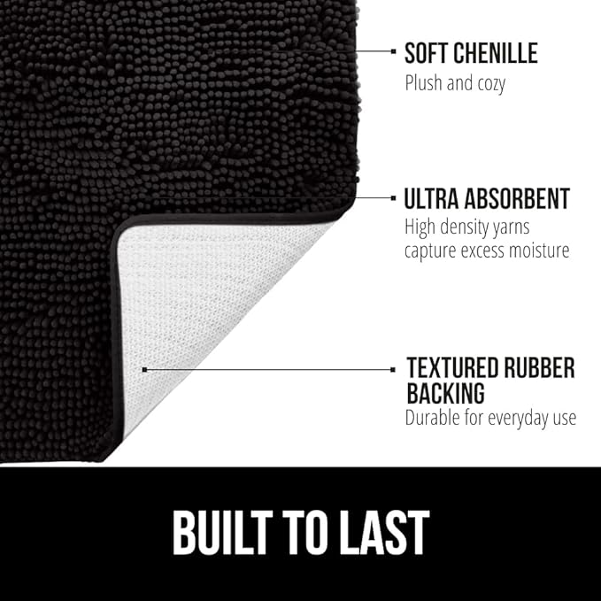 GORILLA GRIP Bath Rug Mat 42x24, Thick Soft Absorbent Chenille, Quick Dry Microfiber Mats, Rubber Backing Washable Shower Floor Rugs, Bathmat Runner, US Designed Bathroom Home Decor Accessories Black