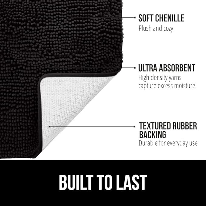 GORILLA GRIP Bath Rug Mat 70x24, Thick Soft Absorbent Chenille, Quick Dry Microfiber Mats, Rubber Backing Washable Shower Floor Rugs, Bathmat Runner, US Designed Bathroom Home Decor Accessories Black