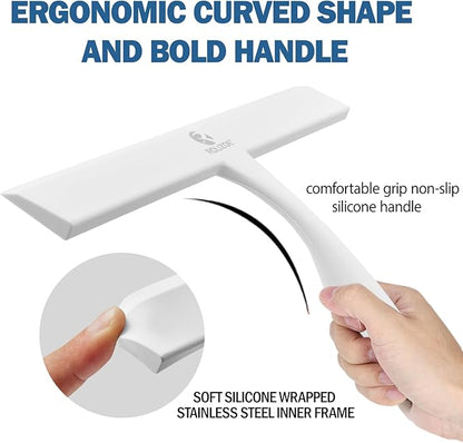 Shower Squeegee for Glass Doors, 11 Inch Ergonomics Anti-Rust Silicone Squeegee with Stainless Steel Frame for Shower Glass Door, Mirrors, Tiles and Windows Cleaning, White