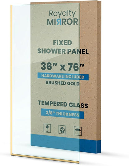 Royalty Fixed Shower Screen - 36" x 76" Frameless 3/8" Clear Tempered Glass Panel with Hardware - Easy Clean Smart Guard Coating - Minimalist Modern Design for Bathroom - Brushed Gold