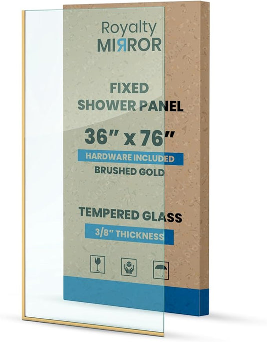 Royalty Fixed Shower Screen - 36" x 76" Frameless 3/8" Clear Tempered Glass Panel with Hardware - Easy Clean Smart Guard Coating - Minimalist Modern Design for Bathroom - Brushed Gold