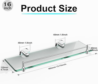 Glass Bathroom Shelves,Chrome Polished Floating Shelves for Wall Rectangular Modern Stainless Steel Glass Shelf for Bathroom Shelves Wall Mounted 16 Inch
