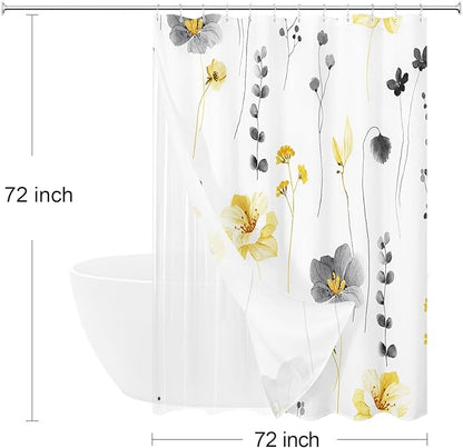 Gibelle 3 in 1 Shower Curtain Set, Yellow Watercolor Floral Bath Curtain and PEVA Liner Set with 12 Double Sided Steel Hooks, Waterproof Fabric Bathroom Curtain 72x72