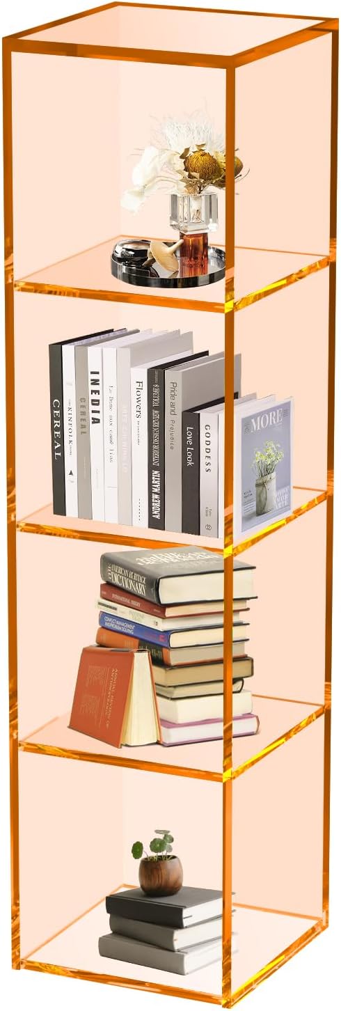 42.5" Acrylic Bookcase, 4-Tier Floor Standing Clear Acrylic Bookshelf, Sturdy Open Display Storage, Clear Bookshelf, Modern High Transparency Organizer for Bedroom, Bathroom, Home Office, Orange