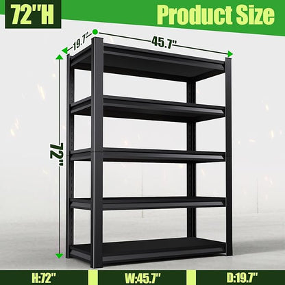 Garage Shelving,Heavy Duty Garage Storage Shelves,Metal Shelving Unit,5 Tier Adjustable Steel Utility Shelf,Use for Basement,Warehouse, Pantry Closet,Black (Steel-72 H*45.7" W*19.7" D)