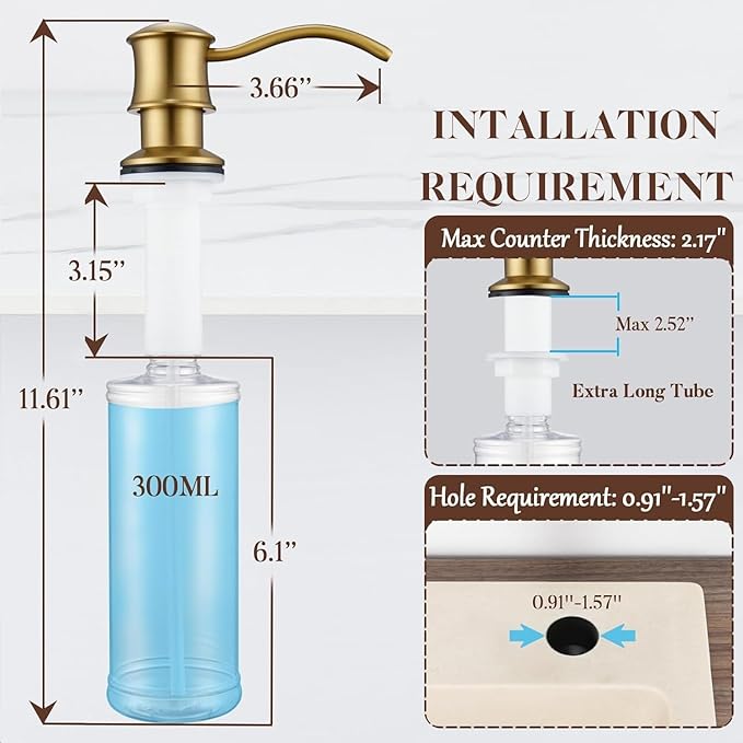 Built in Soap Dispenser for Kitchen Sink Countertop, Solid Brass Pump Head Long Spout with 10.2 Ounce PET Food Safe Material Lotion Bottle, Brushed Gold Finish