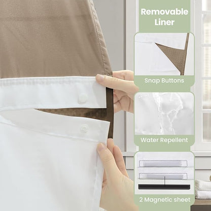 Inhousolu No Hook Shower Curtain with Snap in Fabric Liner Set Waffle Weave 230GSM Weighted Hem, Waterproof & Washable Bathroom Curtain Spa Luxury with Mesh Top Window 72" W x 72" L Beige
