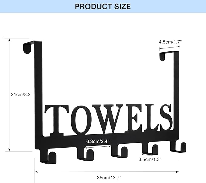Over The Door Hooks, Towel Rack for Bathroom Towel Holder for Hanging Heavy Duty,Towel Hanger with 5 Hooks for Bedroom Bathroom Kitchen, Black