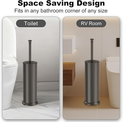 Pewter Toilet Brush and Holder，Extra Long Handled Toilet Brush for Bathroom，Stainless Steel Heavy Duty Toilet Bowl Brush,Removable Inner Bowl,Deep Cleaning Dense Bristles Cleaner Brush -Space Saving