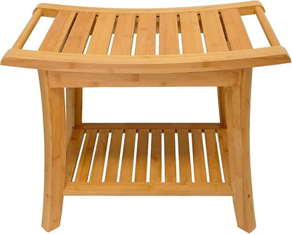 Zhuoyue Bamboo Spa Bath Shower Stool & Bench with Storage Shelf, Shower Bath Seats for Adults Seniors Women Elderly Tileable