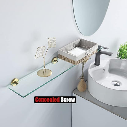 JQK Bathroom Glass Shelf Gold, Tempered Glass Shower Storage 30 by 5 inches, 304 Stainless Steel Brushed Gold Wall Mount, TGS101L30-BG