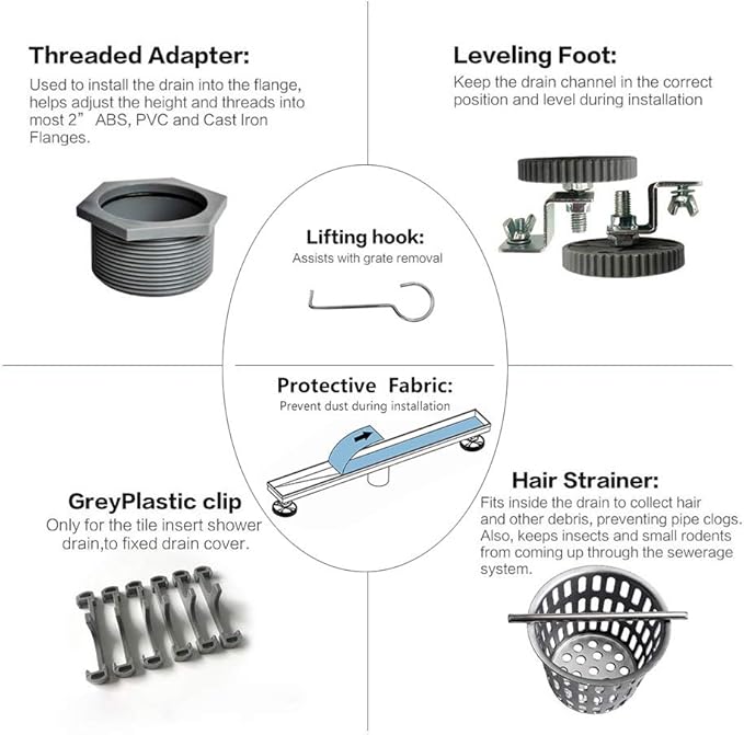Neodrain 32-Inch Linear Shower Drain with Tile Insert Grate,Brushed 304 Stainless Steel Rectangle Shower Floor Drain, Linear Drain with Leveling Feet, Hair Strainer