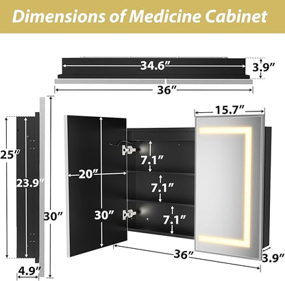 APRILSOUL 36X30 Inch Silver Bathroom Medicine Cabinet with Mirror, Recessed or Surface Lighted Medicine Cabinet with 3 Colors Temperature, Dimmable Light
