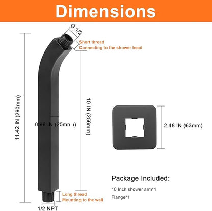 HarJue Shower Arm with Flange and Teflon Tape, Wall Mounted Square Shower Pipe 304 Stainless Steel Extension Arm for Fixed Shower Head & Handheld Shower (10 Inch, Matte Black)