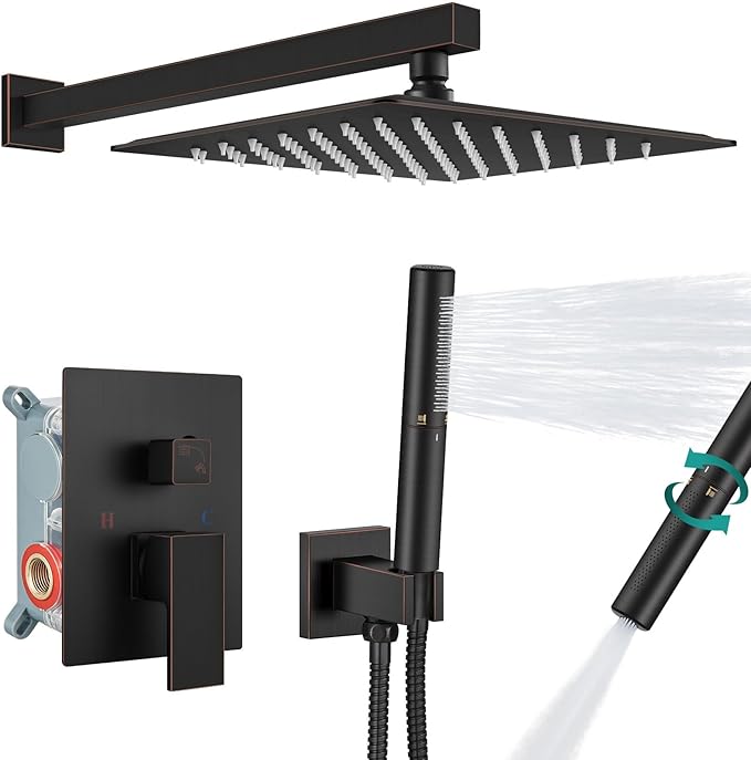 Aolemi Shower Faucet Set, High Pressure Shower System with 2-in-1 Handheld Sprayer, Wall Mount Fixture Combo with Rough-in Valve, 12 Inch Shower Head, Oil Rubbed Bronze