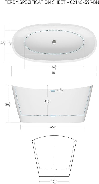 FerdY Naha Elite 59" Acrylic Freestanding Bathtub, Curve Edge Freestanding Soaking Bathtub, Glossy White, cUPC Certified, Brushed Nickel Drain & Minimalist Linear Design Overflow Included, 02588