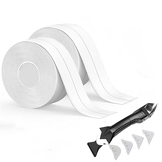 White Caulk Tape Waterproof Self Adhesive, Caulking Tape, Sealer Strip for Bathroom, Toilet Base, Shower, Bathtub, Sink, Countertop Edge Protector, Easy to Use with Silicone Caulking Tool