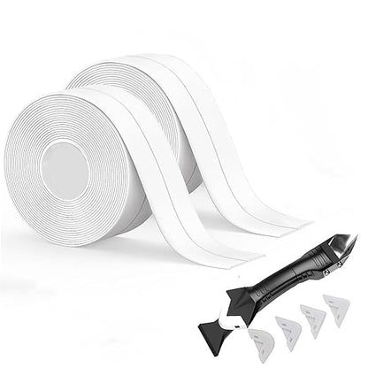 White Caulk Tape Waterproof Self Adhesive, Caulking Tape, Sealer Strip for Bathroom, Toilet Base, Shower, Bathtub, Sink, Countertop Edge Protector, Easy to Use with Silicone Caulking Tool