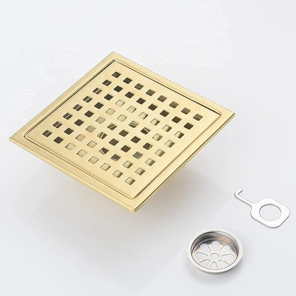 Square Shower Floor Drain Brushed Gold 6 Inch，Grille with Removable Cover,SUS304 Stainless Steel