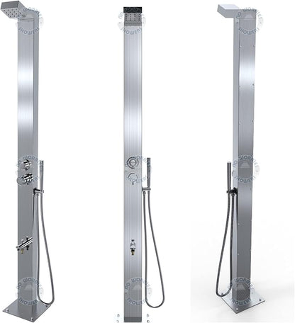 Bondi Silver ADA 316 Marine Grade Stainless Steel Outdoor Shower Panel-No Rust! Perfect for Swimming Pools. Hot & Cold Water Connections! Wall-Mounting & Freestanding Options