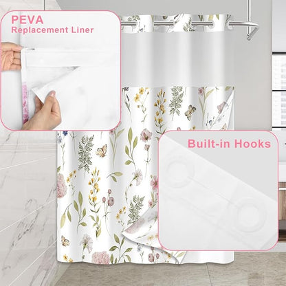 No Hook Shower Curtain Set with Snap in Fabric Liner for Bathroom,with See Through Top Window,Double Shower Curtain with Detachable Liner Replacement,Machine Washable,Floral,71x74inch
