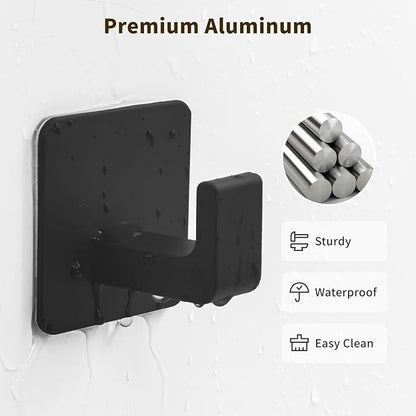 Square Self Adhesive Towel Hooks - 4 Pack Matte Black Metal Hooks, Right-Angle Design for Towels, Robes & Hats, Organize Bathroom, Kitchen, Entryway, Doors, Cabinets on Smooth Surfaces