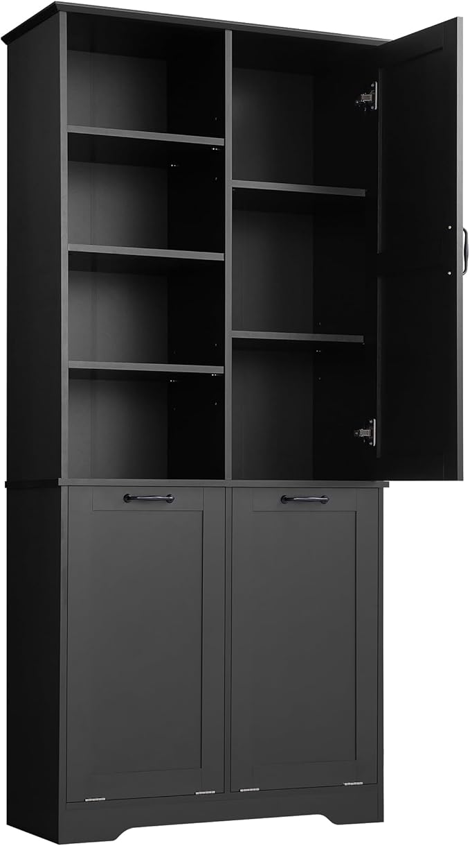 Favfurish 68" Tall Bathroom Storage Cabinet with Door and 2 Tilt-Out Laundry Hampers,Modern Linen Cabinets w/Open Shelf & Adjustable Shelves,Freestanding Organizer for Laundry Room,Kitchen,Black