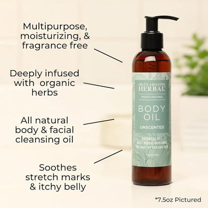 Ora's Amazing Herbal Unscented Body Oil, Fragrance Free Massage Oil with Pump, Moisturizing Body Oils for Men and Women, Herbal Infused Grapeseed Jojoba & Apricot with Calendula, 7.5 Fl Oz