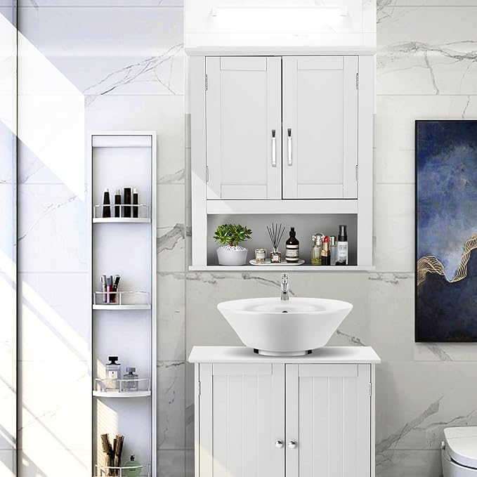 VINGLI Bathroom Wall Cabinet 21"x8.5"x25" Modern White Medicine Wall Mount Bathroom Cabinet Organizer Over The Toilet Storage with 2 Doors 1 Adjustable Shelf for Restroom Laundry Room Home Furniture