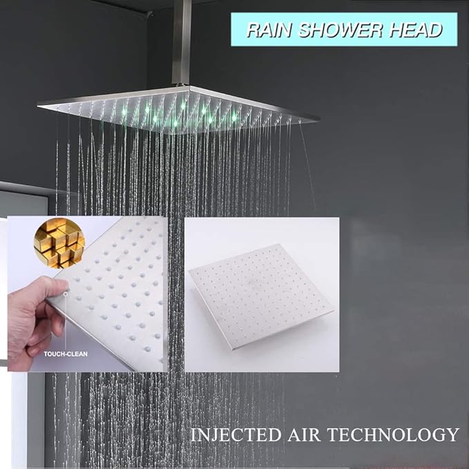 Brushed Nickel Shower Faucet Set Thermostatic Shower System, 4 Way Shower Faucet with 12 inch Ceiling Mount Shower Head, 6 PCS Body and Tub Spout, Handheld Spray