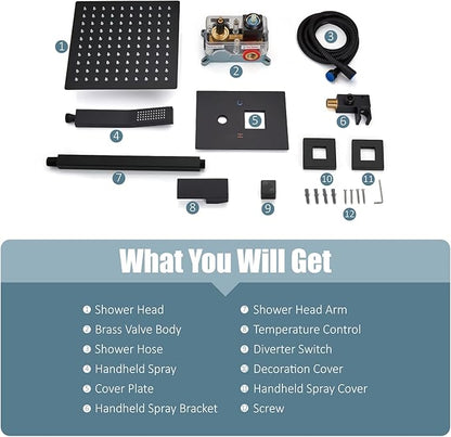 Aolemi Matte Black Ceiling Mount Rain Shower Head with Handheld Spray and High Pressure Faucet Set, Includes 16 Inch Shower Head and Trim Kit