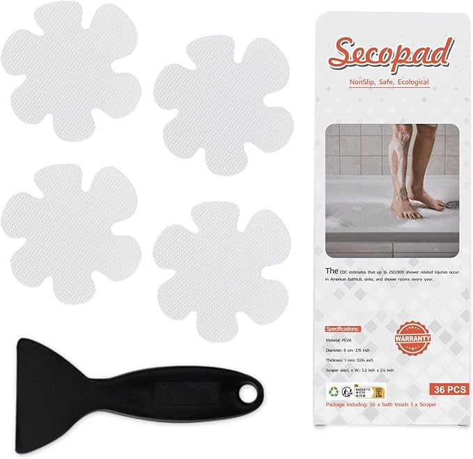 36PCS Bathtub Stickers Non-Slip, Safety Shower Treads Adhesive Appliques with Premium Scraper (White)