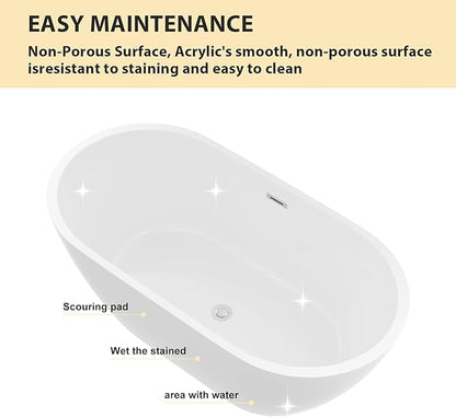 Logmey 59 Inch White Acrylic Freestanding Bathtub with Overflow Oval Shape Soaking Tub for Classic and Modern Bathrooms Chrome, Drain & Overflow Assembly Included