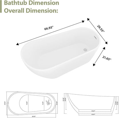Mocoloo Freestanding Bathtub - 67 Inch Acrylic Stand Alone Soaking Bath Tub for Bathroom with a Right Overflow and Drain
