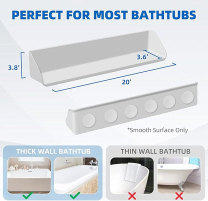 Splash Guard for Bathtub, 3.8" x 3.6" Silicone Bath Tub Splash Guard with 6 Suction Cups, Bathtub SplashGuard Play Shelf Area for Kids with 3°Drainage Slope for Faster Drying - White
