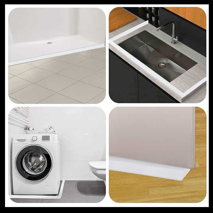 Raycity Collapsible Shower Threshold Water Dam Barrier,Shower Door and Kitchen Water Strip Dam Shower Guard for Dry And Wet Separation Caulk Seal Strip Edge Trim(67Inches/White)