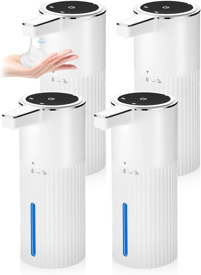 4 Pack Touchless Automatic Soap Dispenser, Smart Sensor Foam Hand Wash Dispenser, USB Rechargeable & Adjustable Customizable for Bathroom Countertop Kitchen Sink, 13.5 oz White Stripes