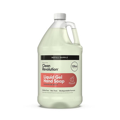 Clean Revolution Liquid Gel Hand Soap, Silky Rich Liquid, Quick Lather, Fast Rinsing, Contains Real Essential Oils (Geranium Mint) 128 Fl Oz
