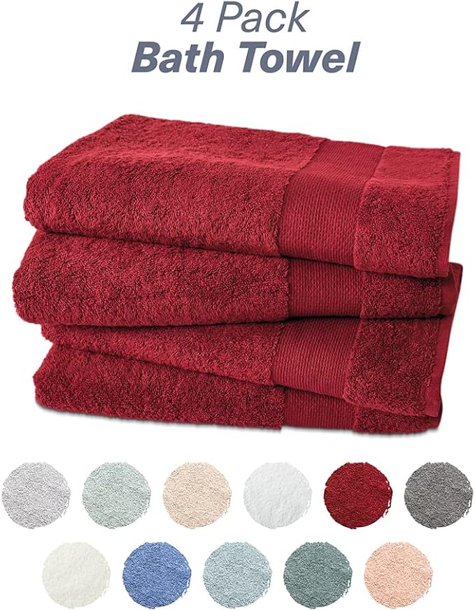 Hencely Premium Bath Towel Set of 4-28x58 Inches - High Absorbency, Quick Drying - 100% Soft Turkish Cotton Towels - Ideal for Home, Bathroom, Hotel, Spa, and Gym - Red