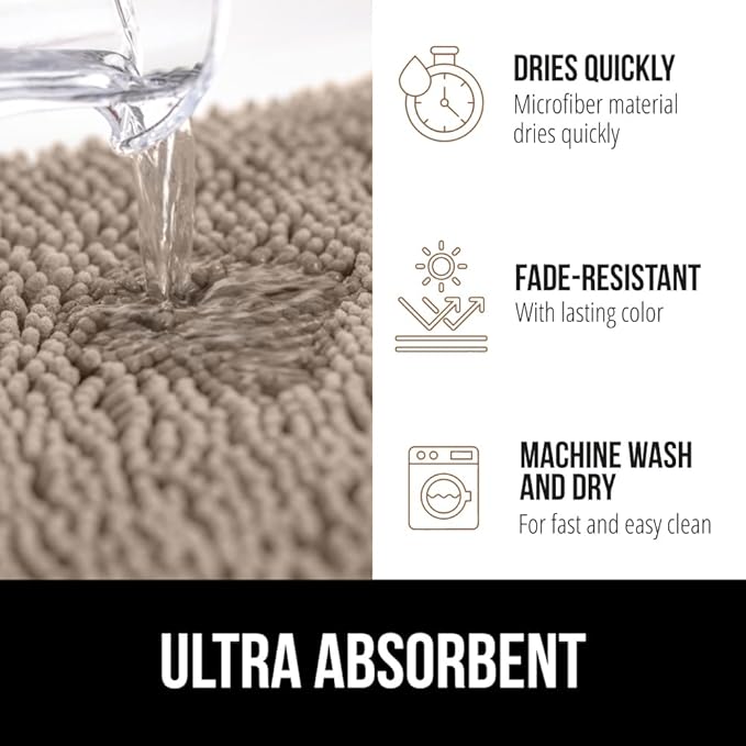 GORILLA GRIP Bath Rug Mat 44x26, Thick Absorbent Chenille, Quick Dry Microfiber Mats, Rubber Backing Washable Shower Floor Rugs, Bathmat Runner, US Designed Bathroom Home Decor Accessories Gray Beige