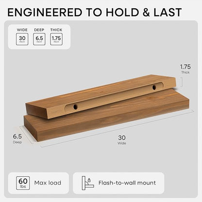Homeforia 30 inch Golden Oak Floating Shelf, High End Solid Real Wood 30inch Small Floating Shelves for Wall Mounted, Oak Wooden 30in Floating Shelves, Heavy Duty Bracket, 30 X 6.5 X 1.75 in, Set of 3