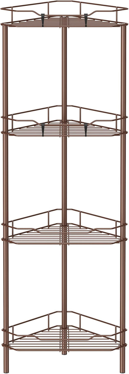 4 Tier Floor Standing Corner Shower Caddy Organizer Shelf with Hooks, Bathroom Shelves Stand Rack, Coffee