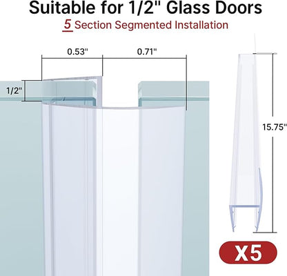 AmazerBath 5 PCS Shower Door Side Seal Strip for 1/2 Inch Glass - 15.75 Inches x 5, 5 Sections Segmented Shower Installation Kit, Frameless Glass Door Seal Strip