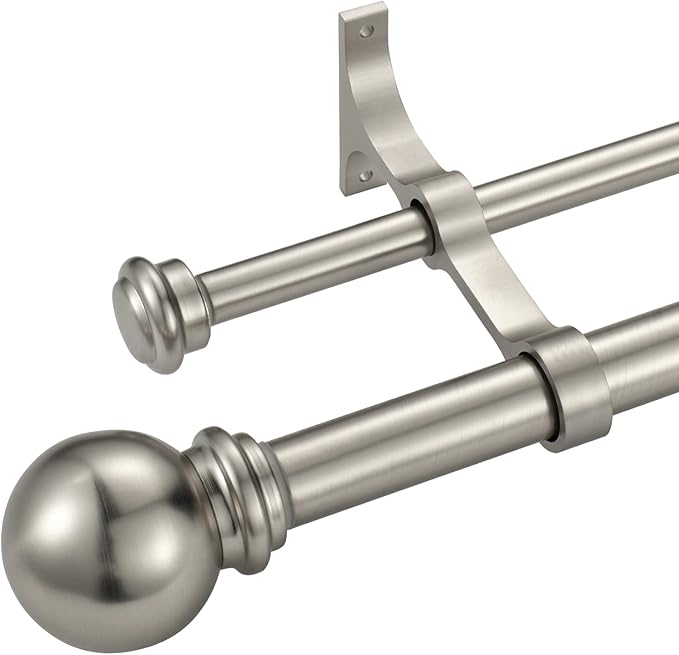 Double Curtain Rod 48 to 84 inch, Adjustable 1 inch Double Drapery Rod Rods for Windows and Doors with Ball Round Finials and Premium Aluminum Brackets Set(48-84",Brushed Nickel)
