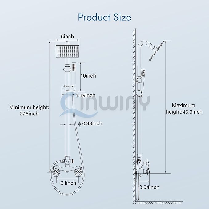 Wall Mount Outdoor Shower Kit Polish Chrome 6" Square Rainfall Shower Head with Hand Held Spray Double Cross Handles with Adjustable Slide Bar Exposed 2 Function Shower Faucet Fixture