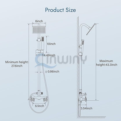Wall Mount Outdoor Shower Kit Polish Chrome 6" Square Rainfall Shower Head with Hand Held Spray Double Cross Handles with Adjustable Slide Bar Exposed 2 Function Shower Faucet Fixture